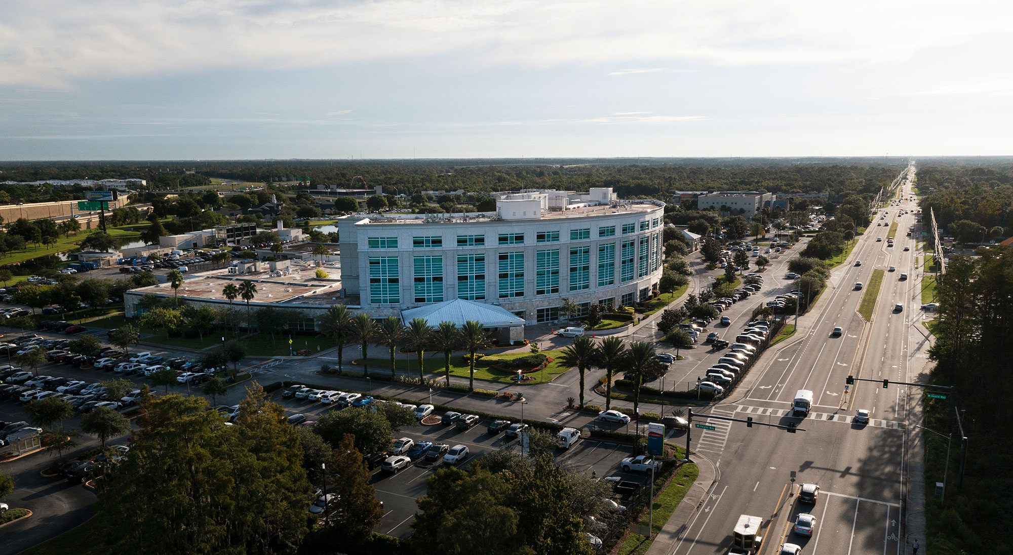 A bird's-eye view of the AdventHealth East Orlando building and surrounding area.