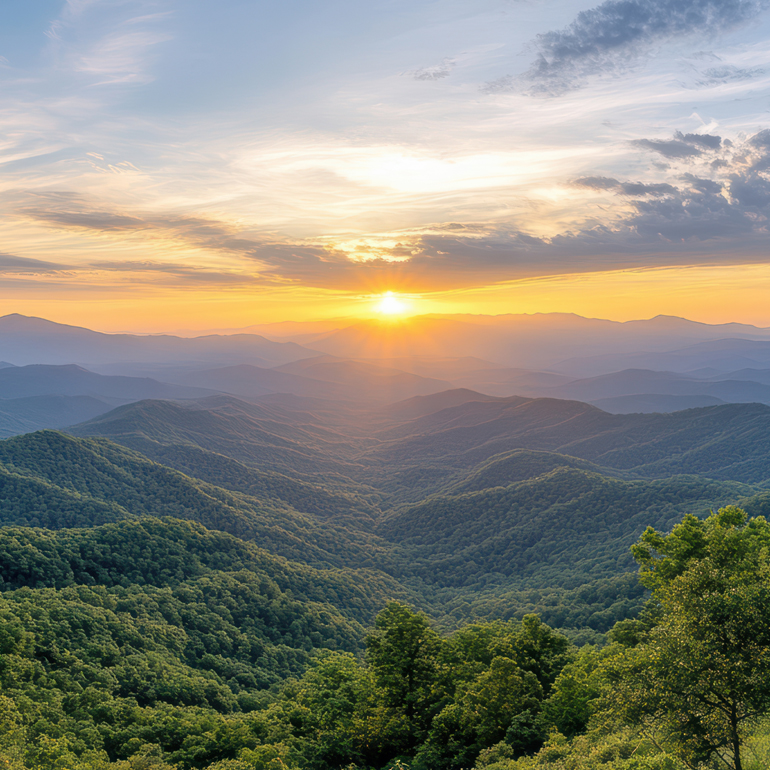 Sunrise over spectacular rolling hills in North Carolina