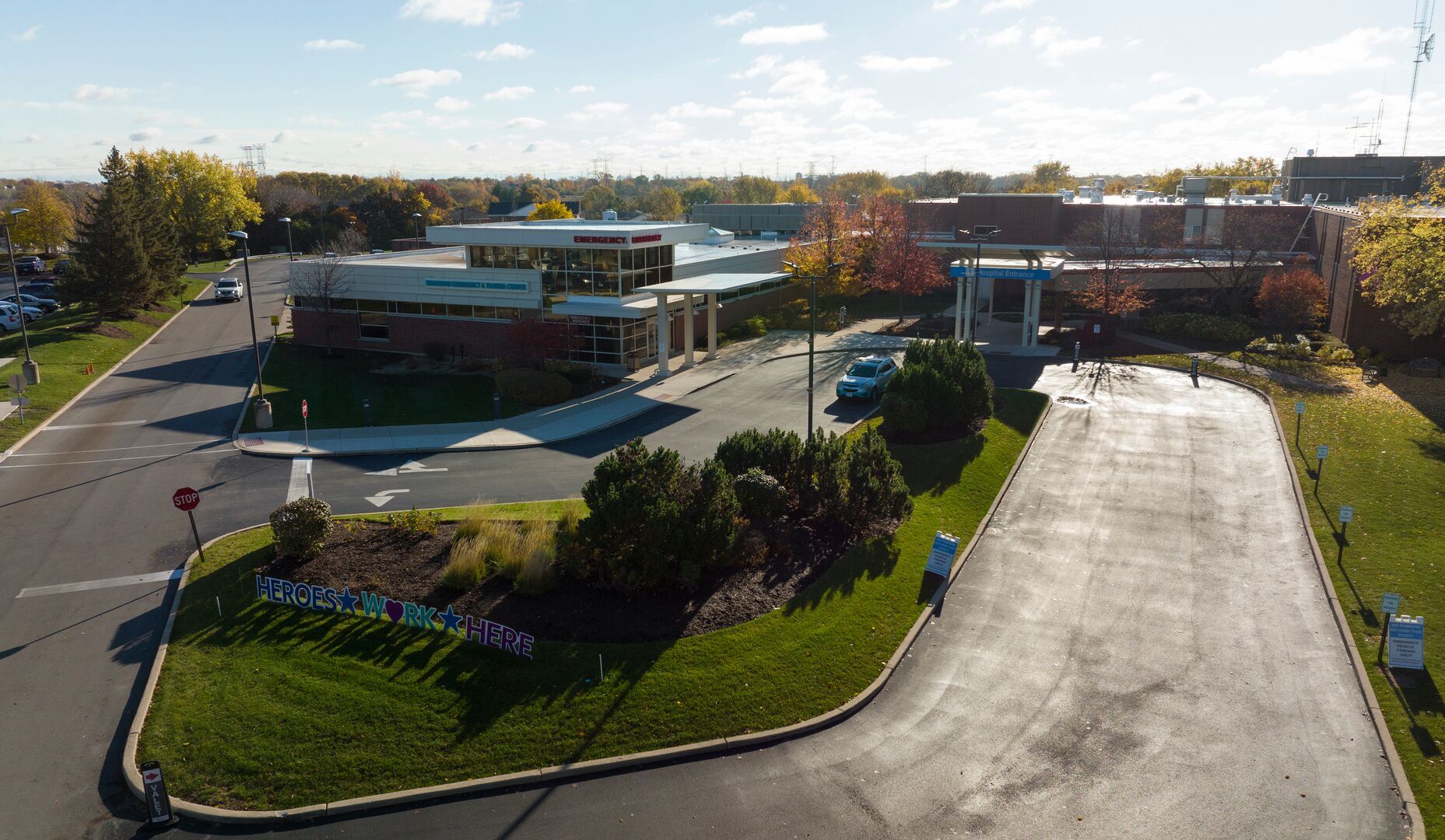 AdventHealth hospital — illuminated exterior at night.