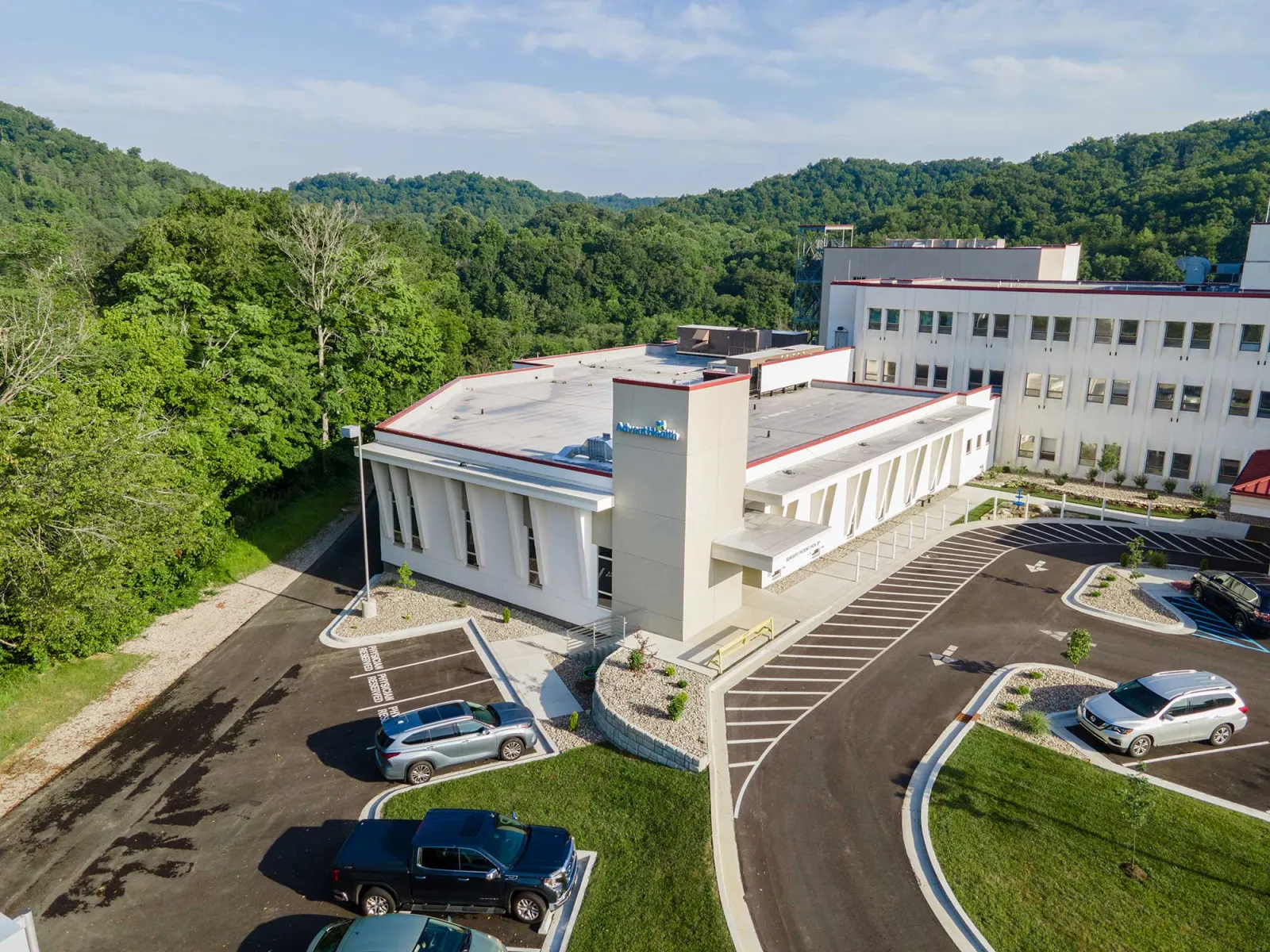 A quarter-side view of the AdventHealth Manchester building