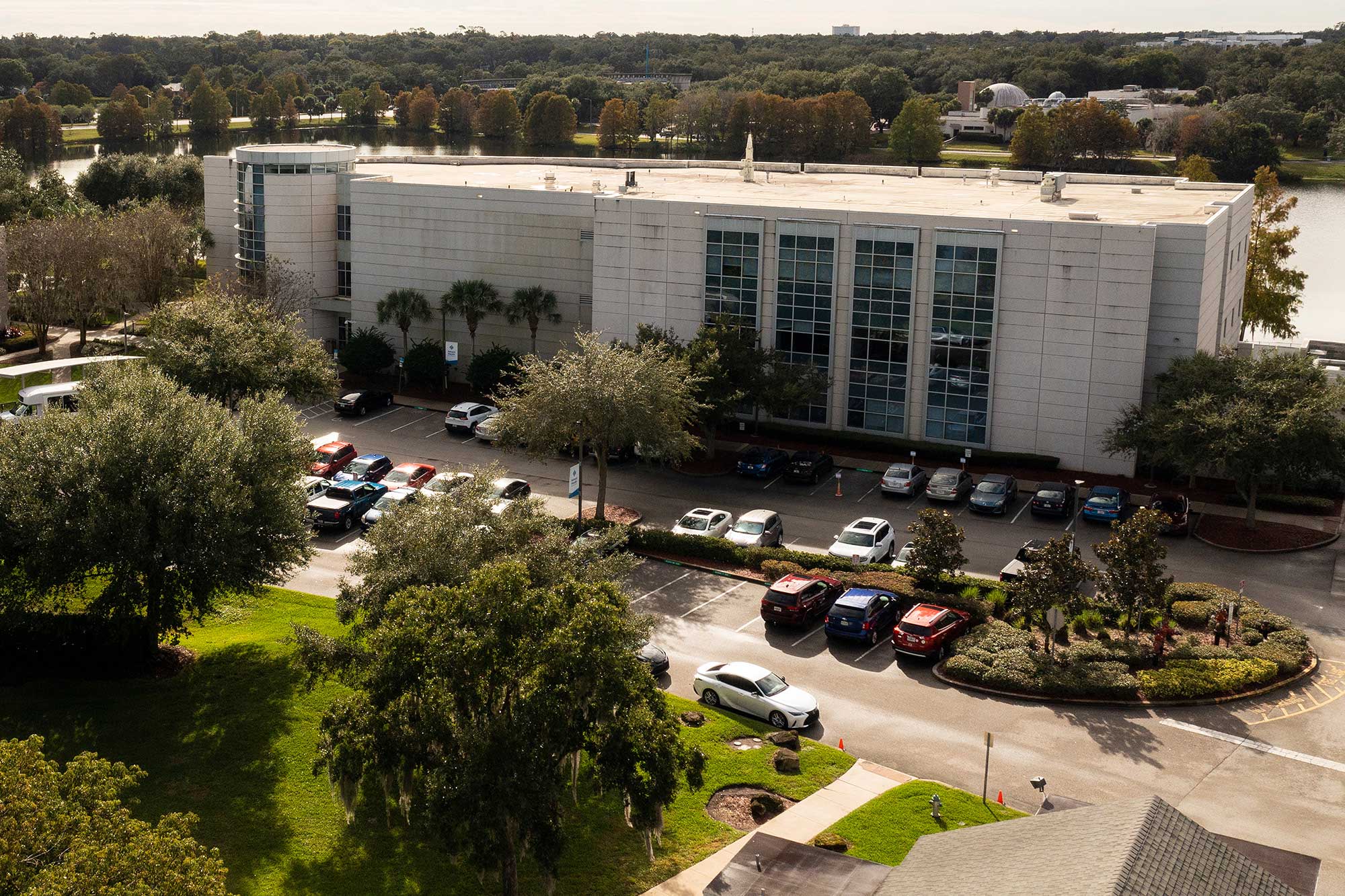 A bird's-eye view of the AdventHealth University building and surrounding area.