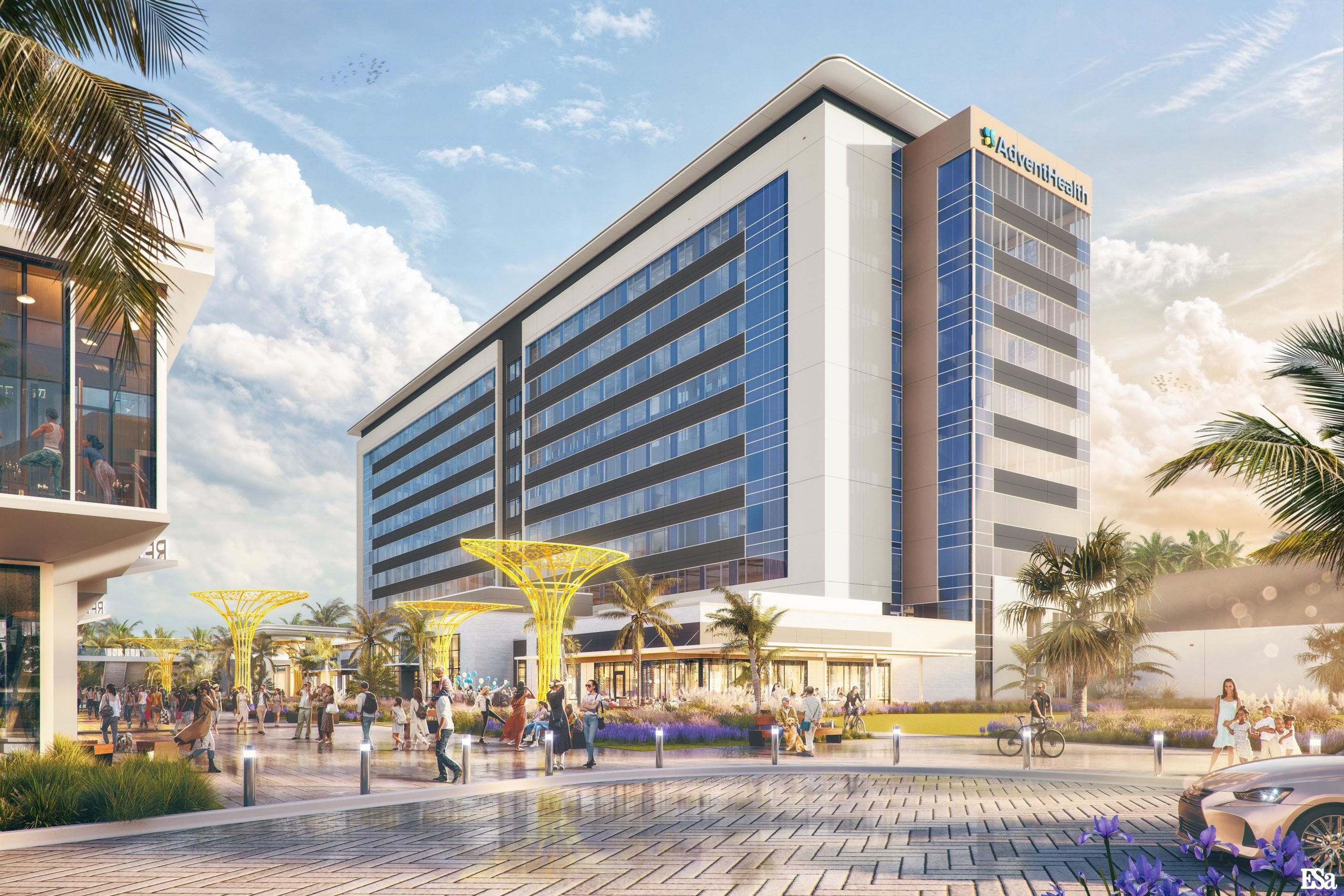 Rendering of the AdventHealth Lake Nona hospital exterior during daytime, showing a multi-story glass building, landscaped pedestrian plaza, and people walking through the campus.